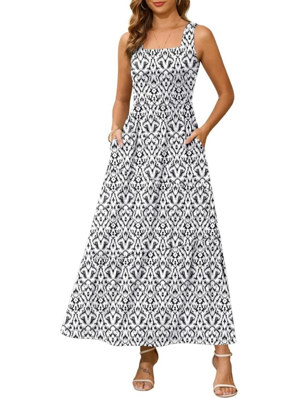 Women's Floral Black White Sleeveless beach Sundress Square Tiered Maxi Dress